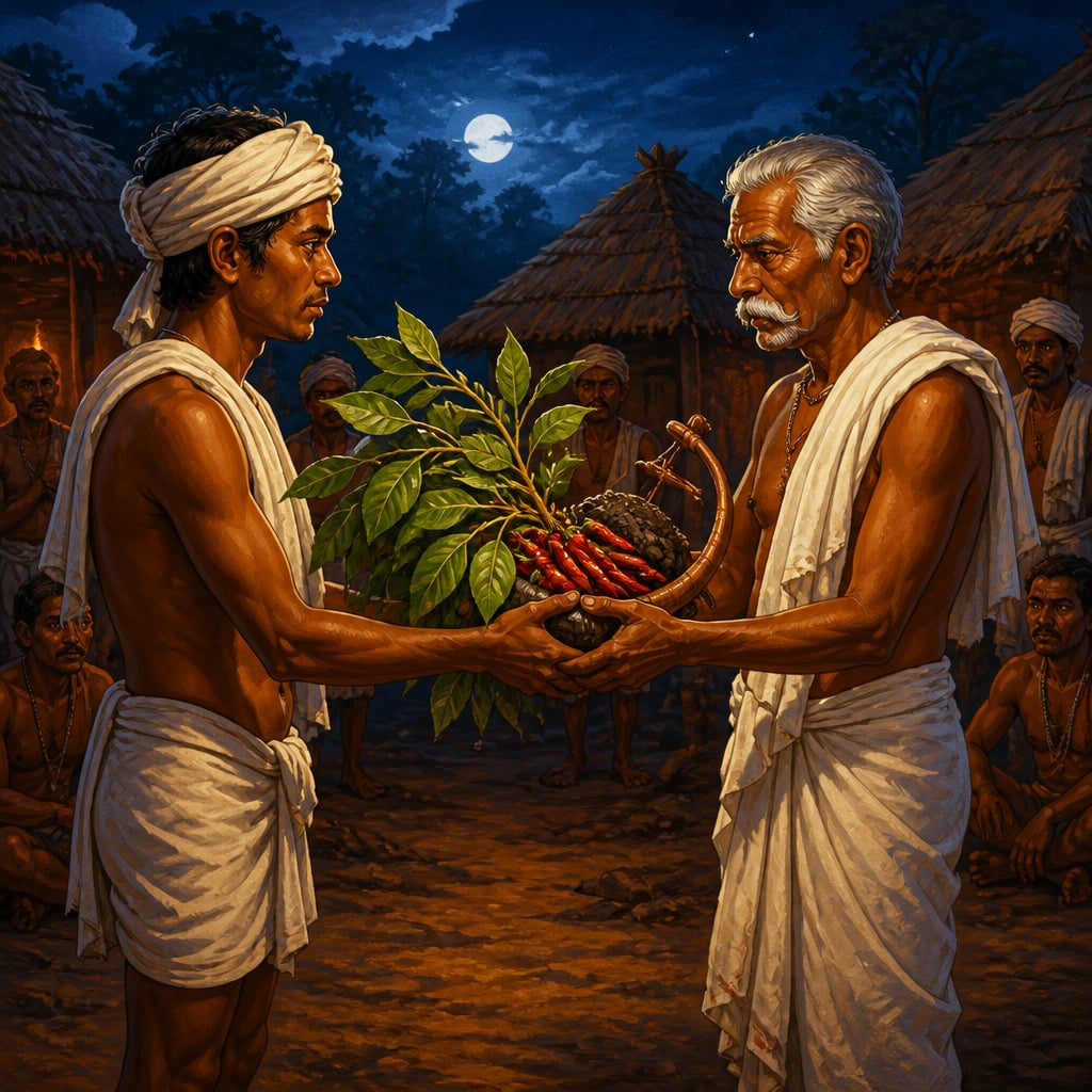 A messenger handing mango bough and chillies to a village headman