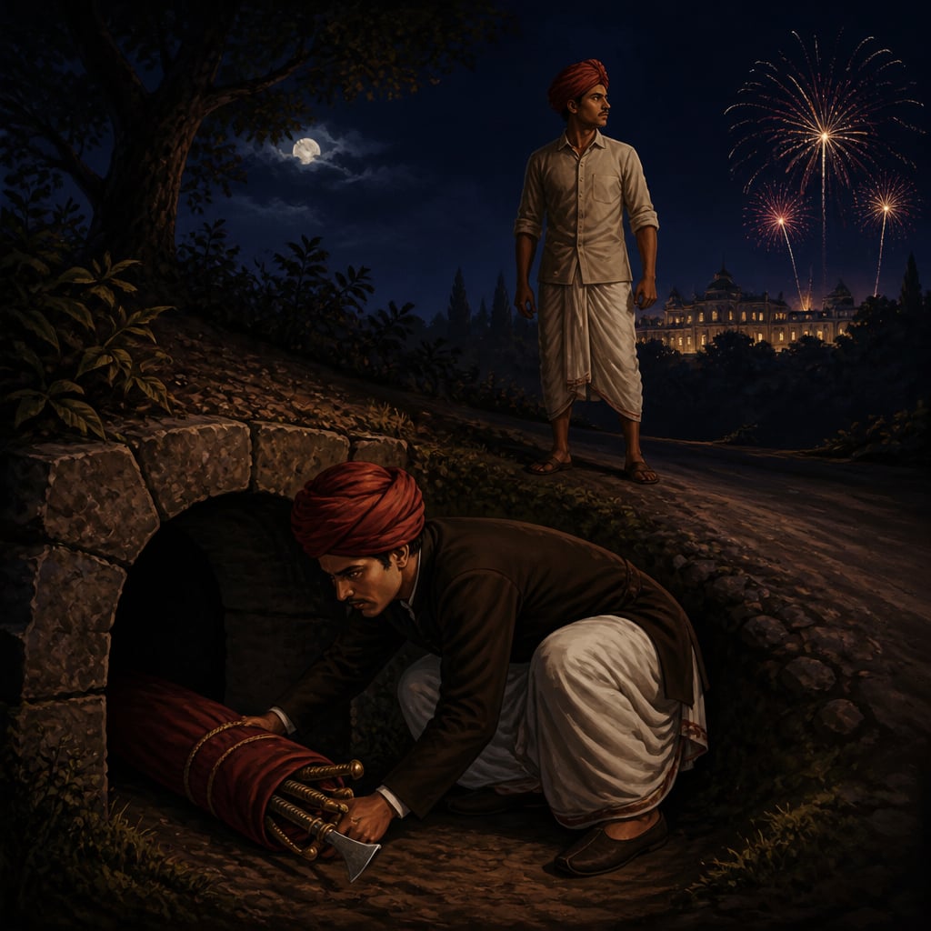 The Chapekar brothers hiding weapons under a culvert