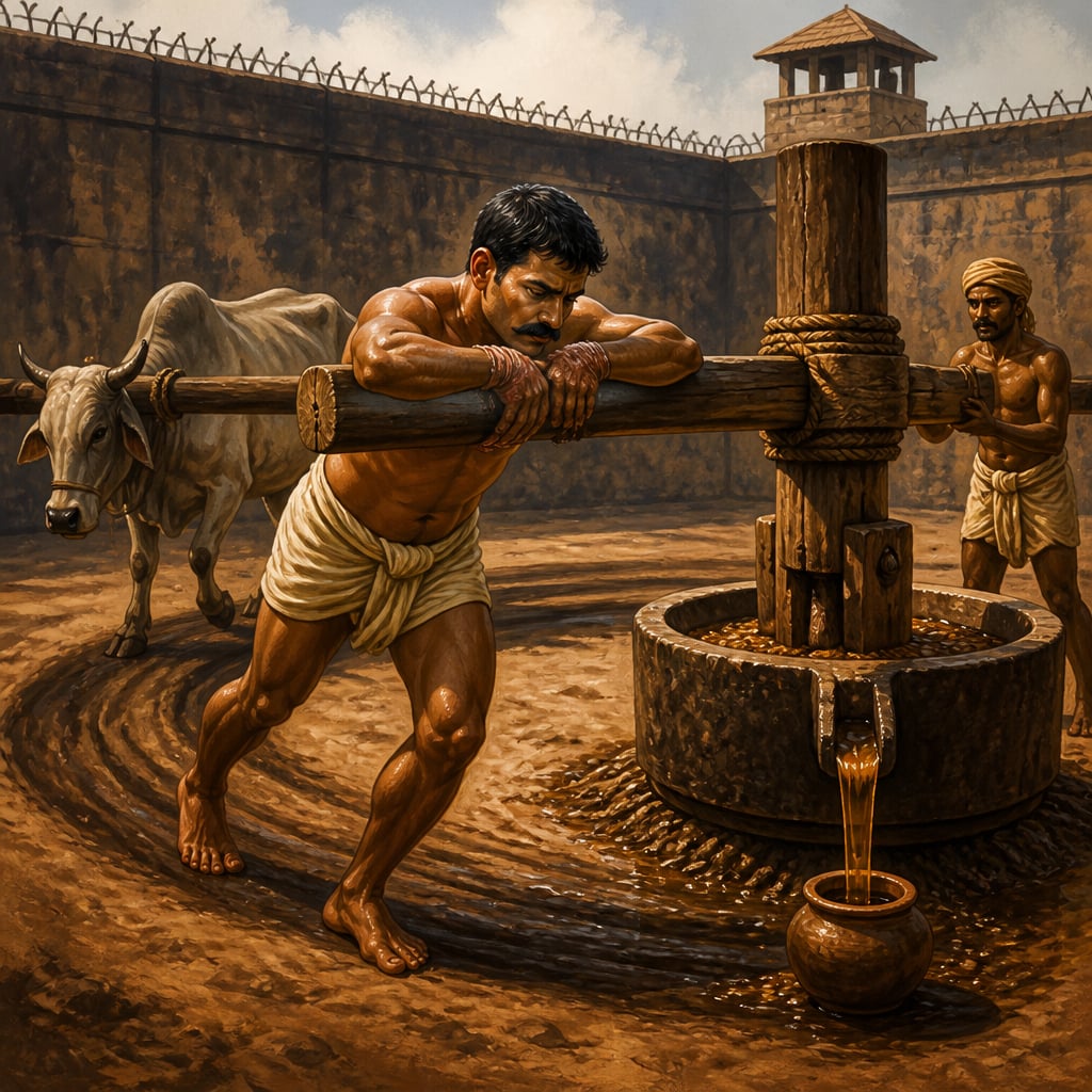 Chidambaram Pillai turning the oil press in prison