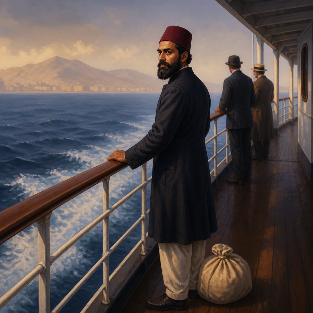 Aiyar at a steamer rail in disguise off Naples