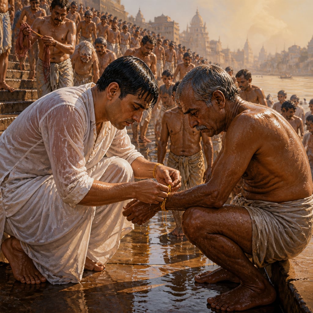 Strangers tying rakhis on the Calcutta bathing steps