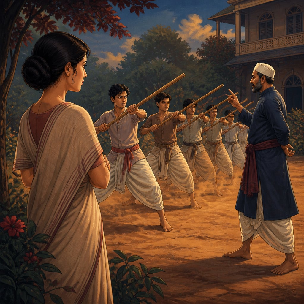 Sarala Devi watching lathi drill in her garden