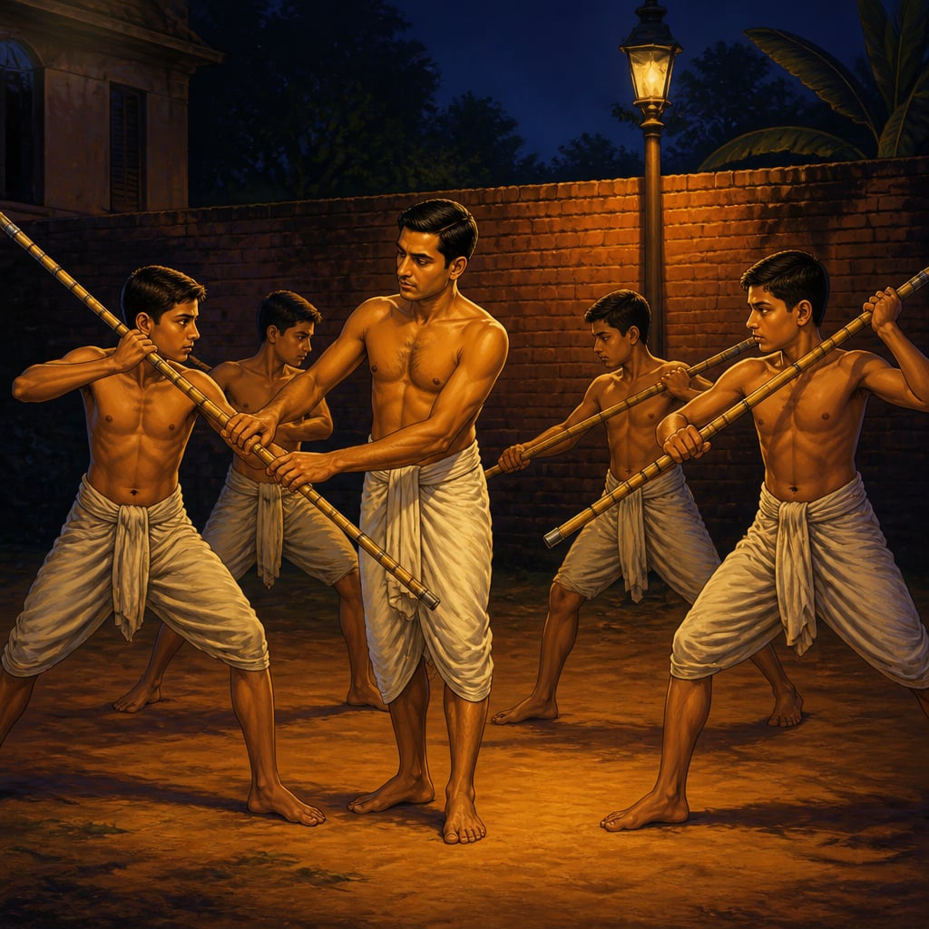 Pulin Behari Das correcting a lathi grip at Tikatuli
