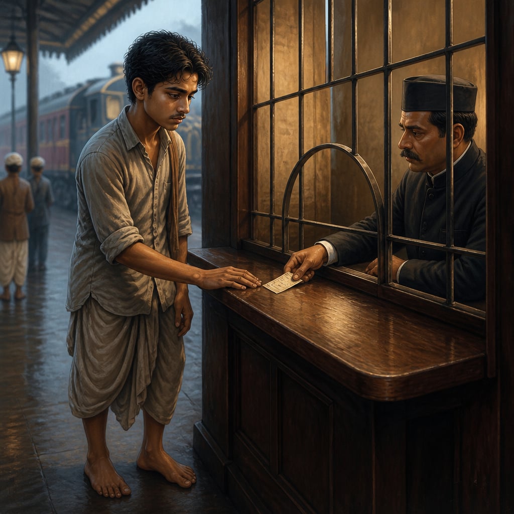 A barefoot boy buys an inter class ticket at Samastipur