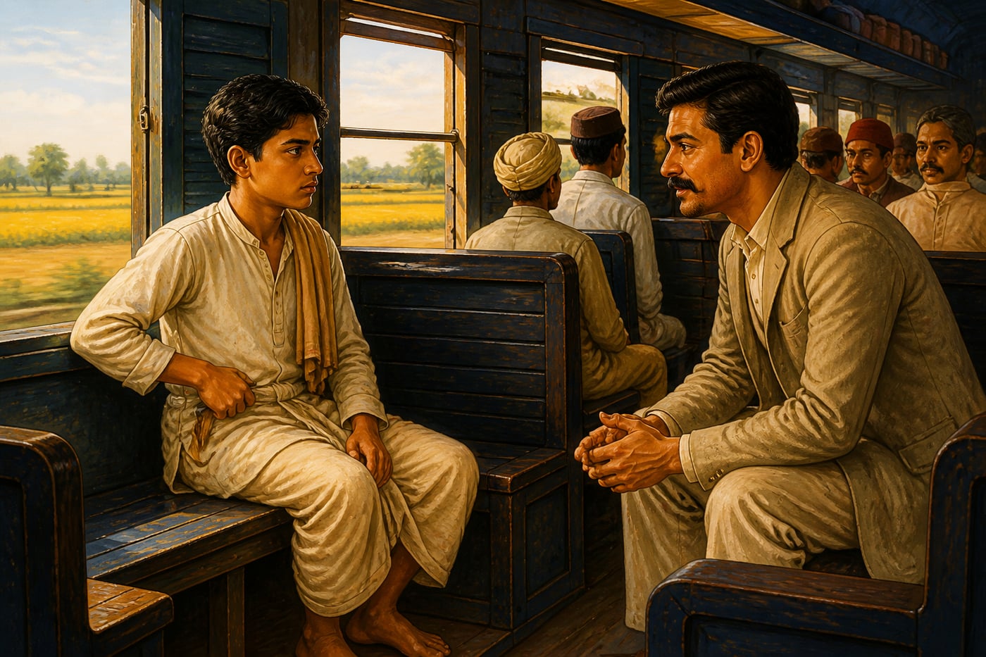 A policeman talks pleasantly to a boy in the compartment