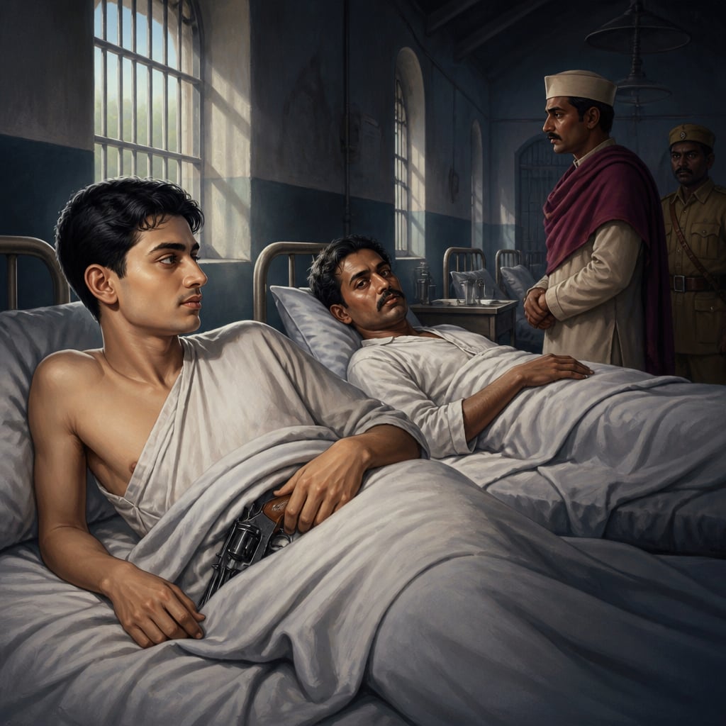 Two prisoners lie in jail hospital beds hiding revolvers