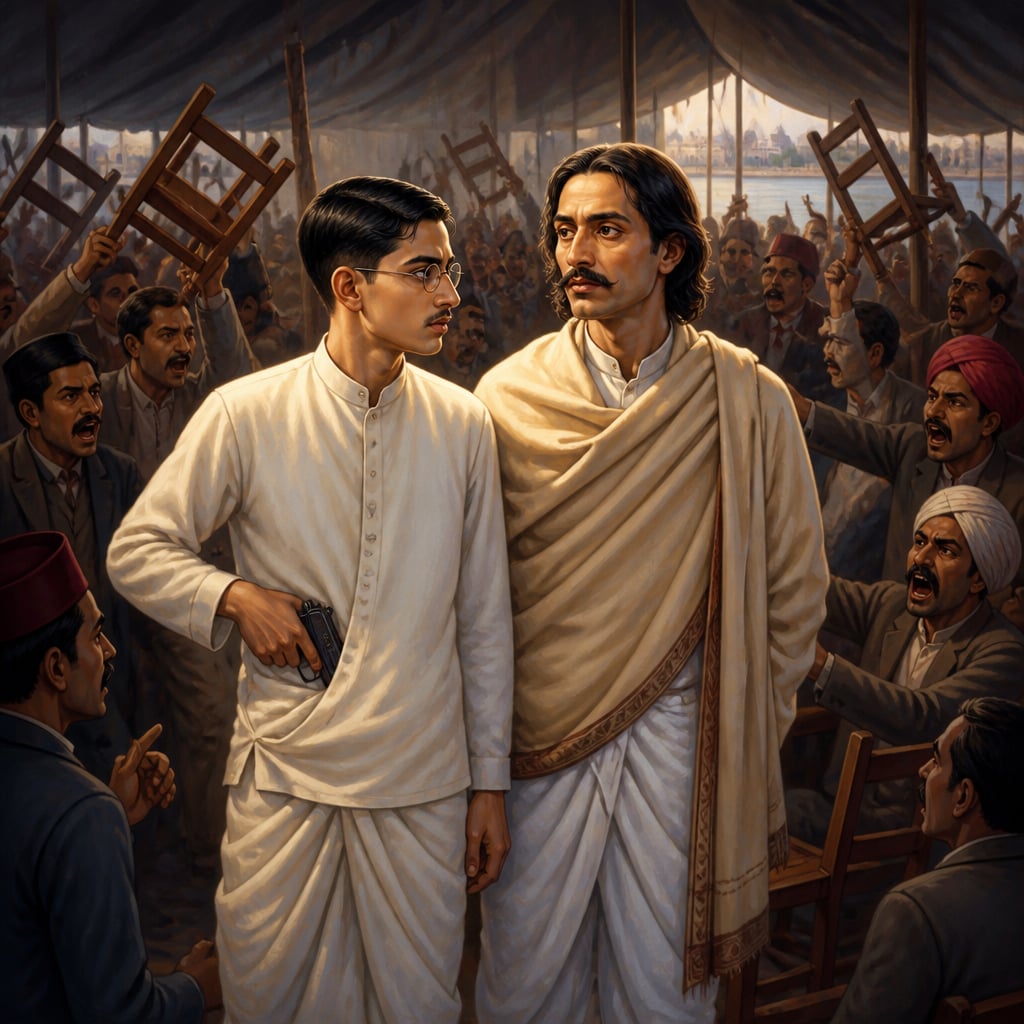 Satyendranath with a pistol beside Aurobindo at Surat