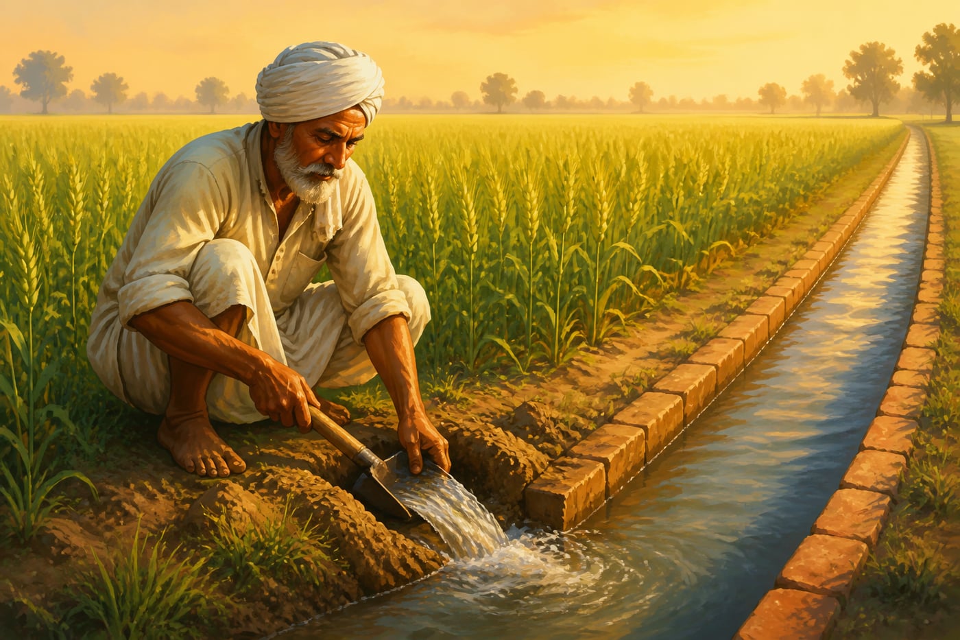 A farmer opens a field channel in green wheat