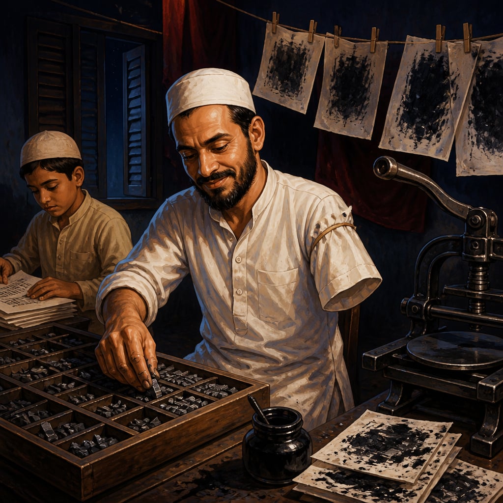 Amba Prasad setting Urdu type with one hand