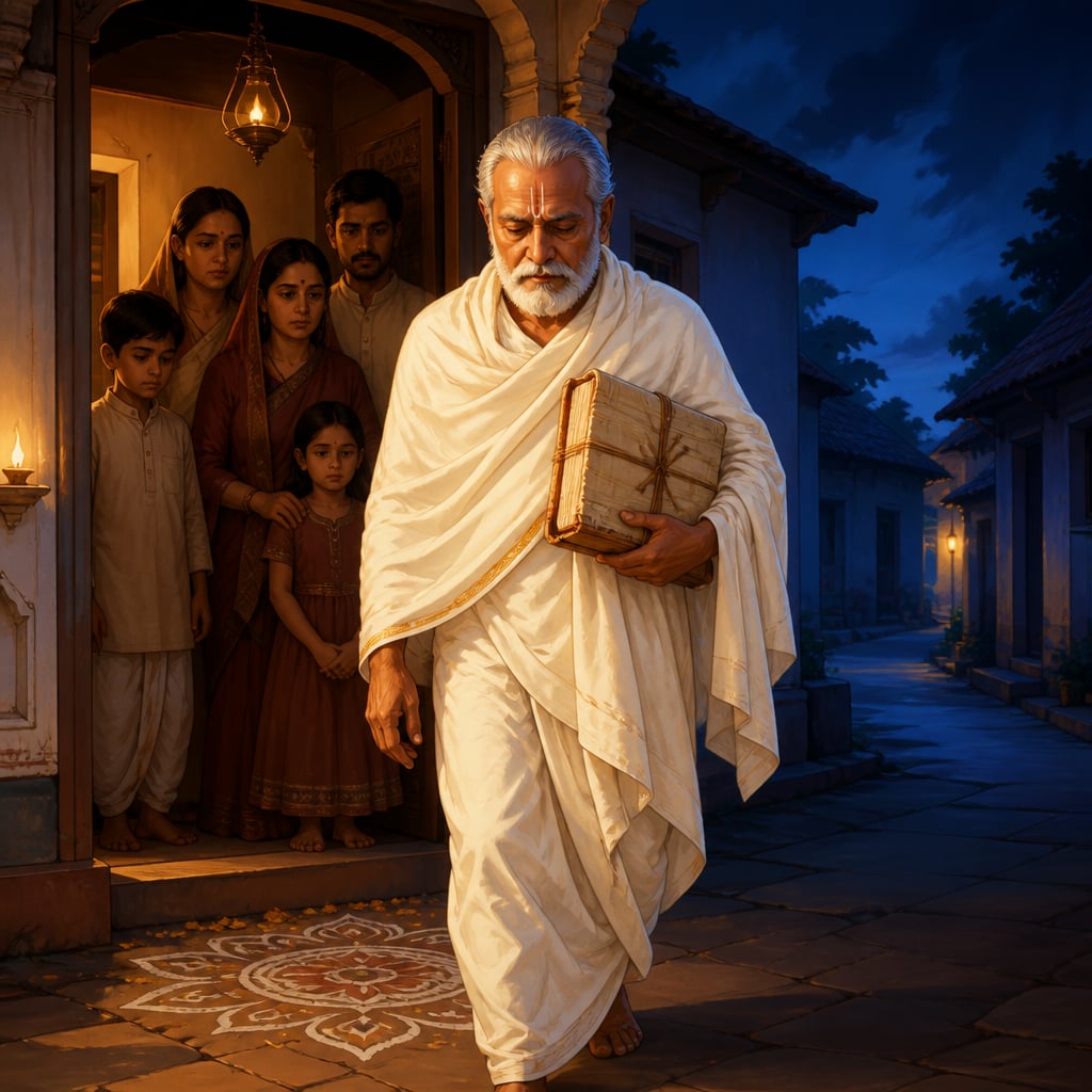The priest carries the wrapped book away at dusk