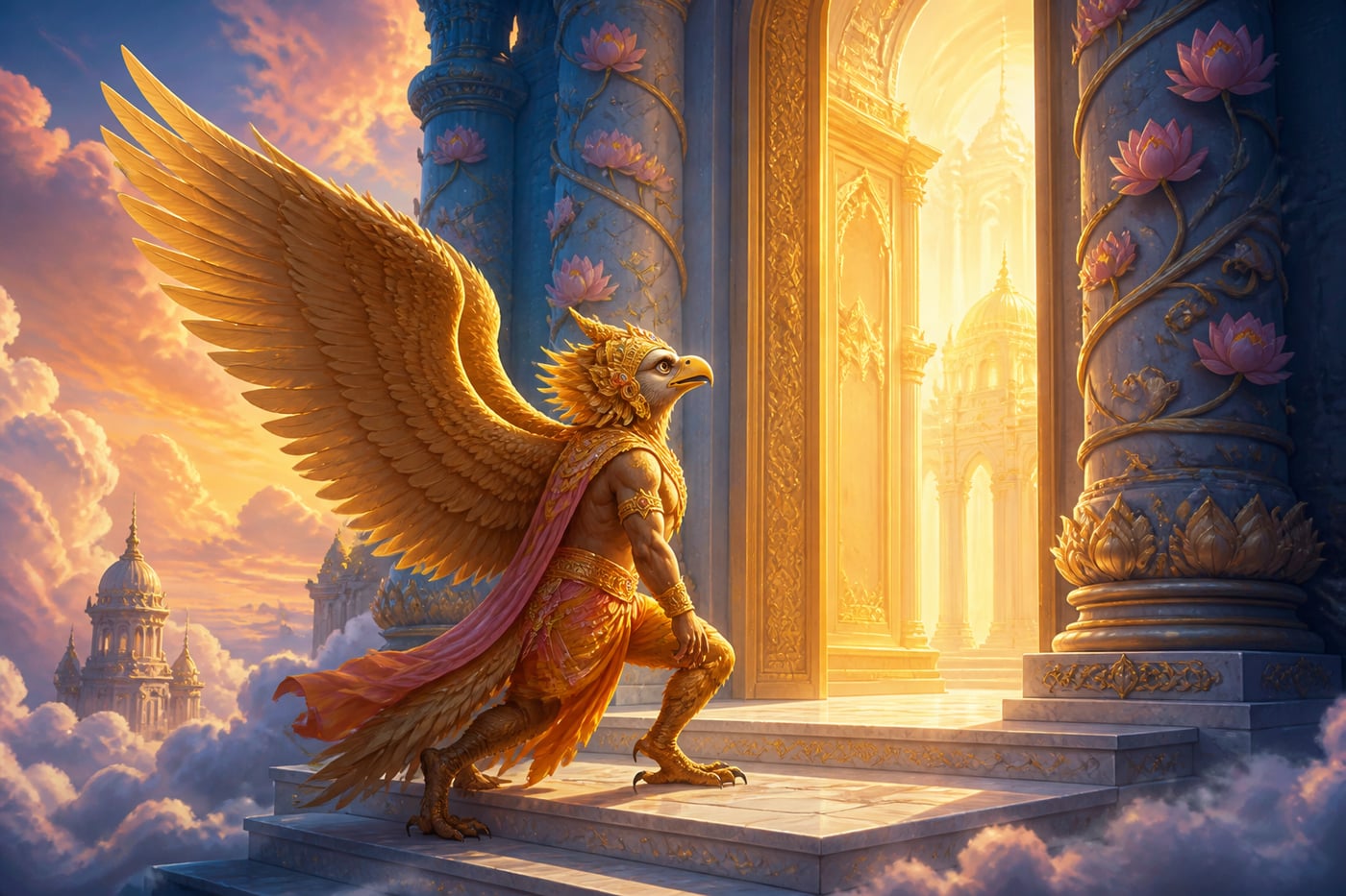 Garuda alights at the doorway of Vaikuntha