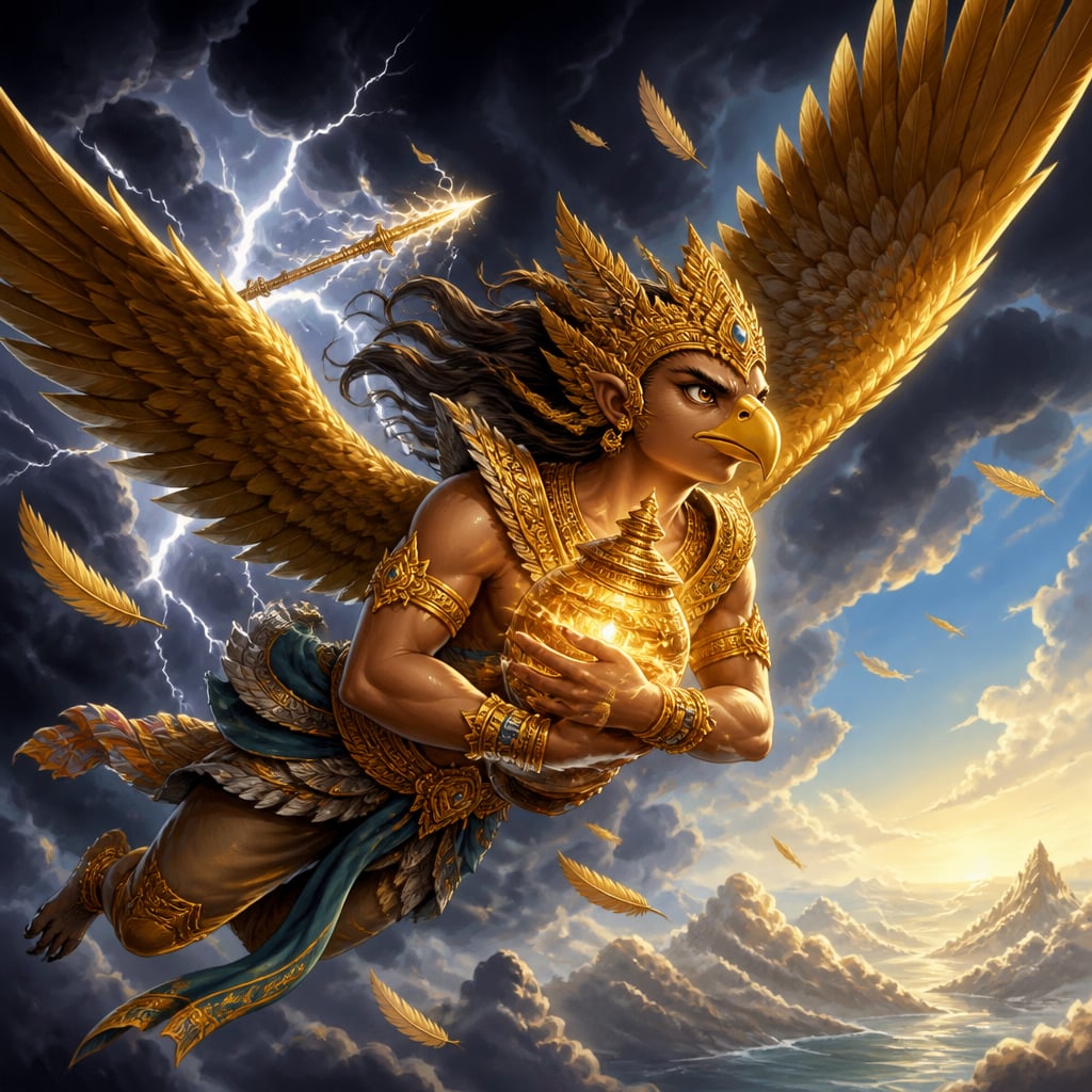 Garuda flies through the storm with the amrita vessel