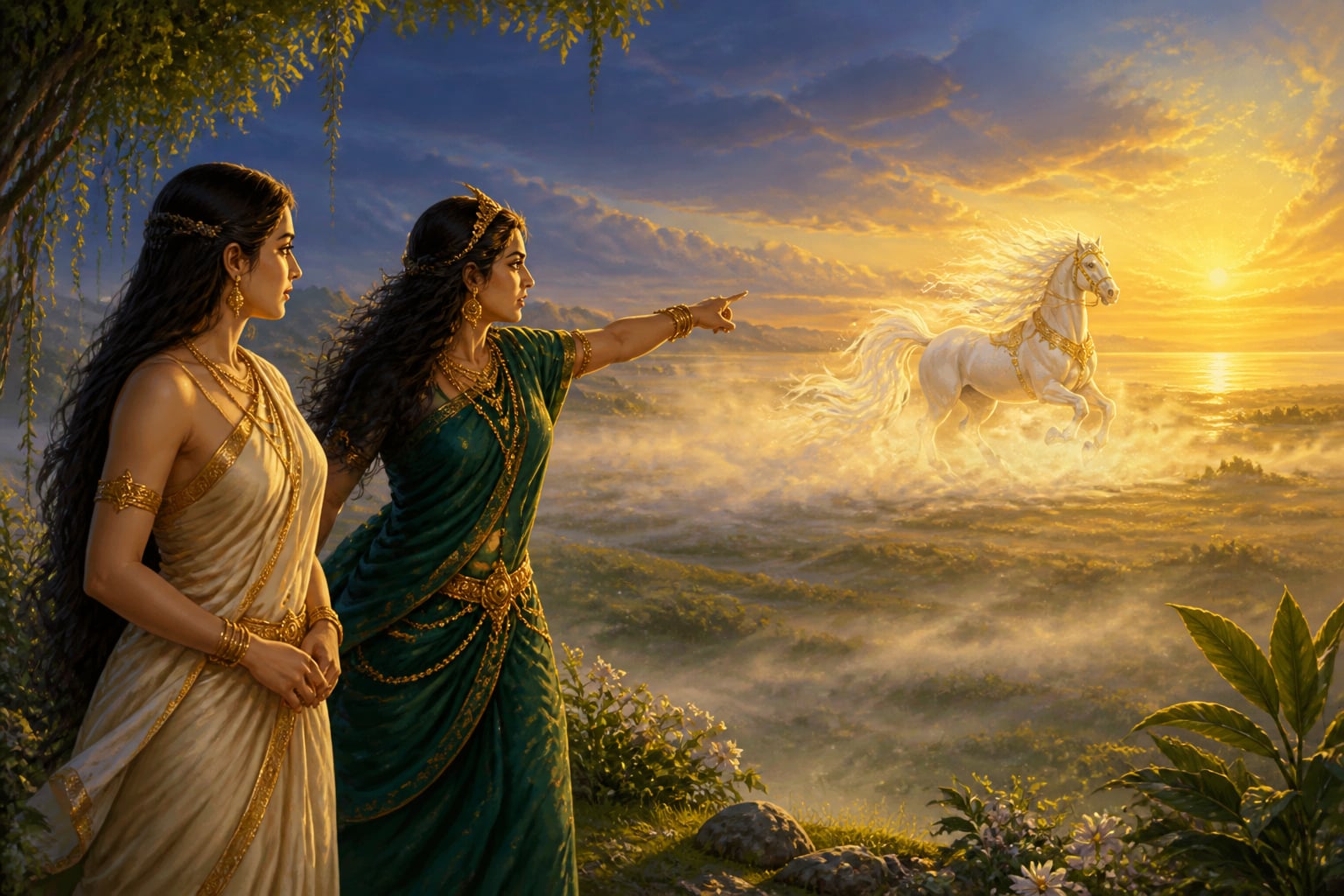 Vinata and Kadru watch the white horse Uchchaihshravas