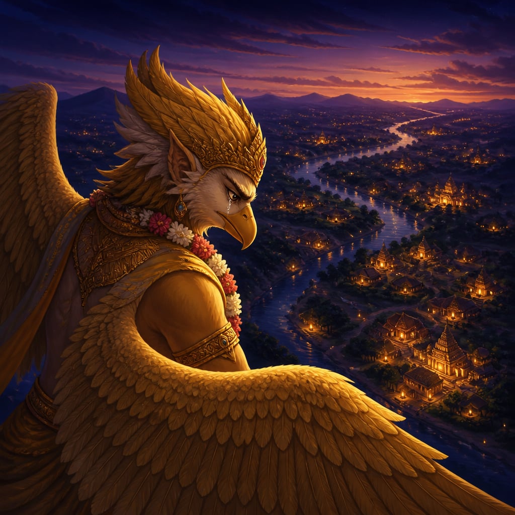 Garuda weeps above the lamplit mortal world