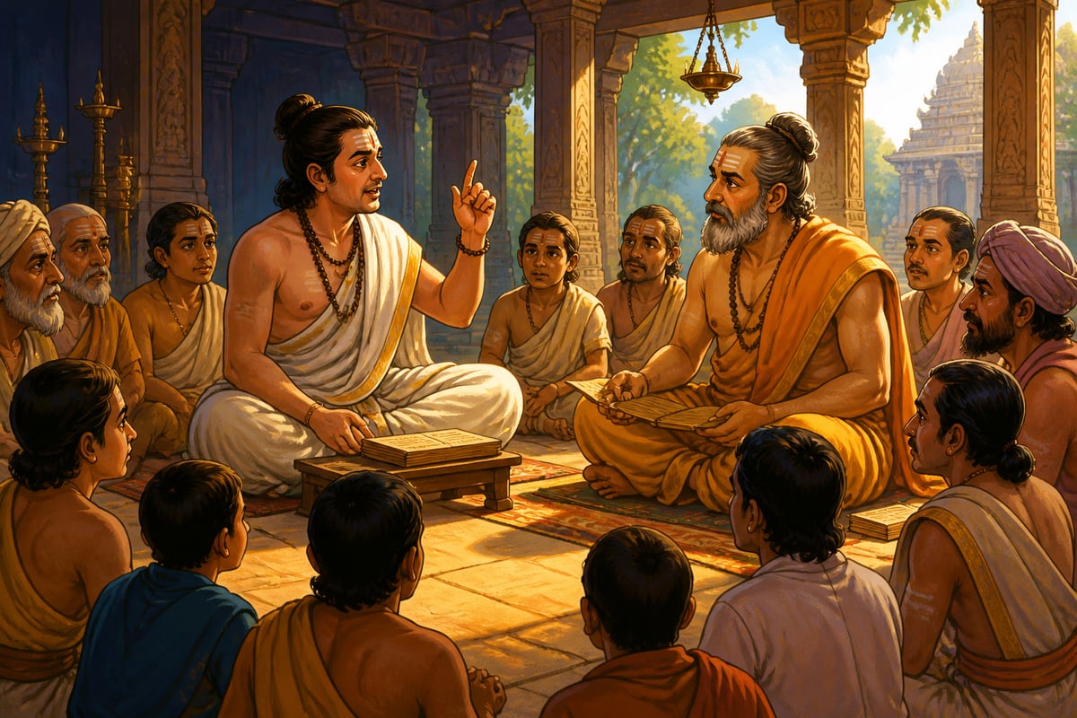 Pandits in shastrartha debate in a stone mandapa