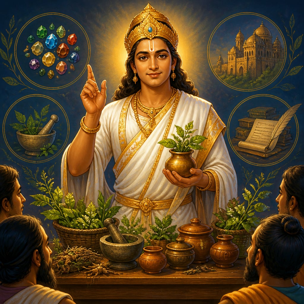 Dhanvantari teaches medicine mid-lecture