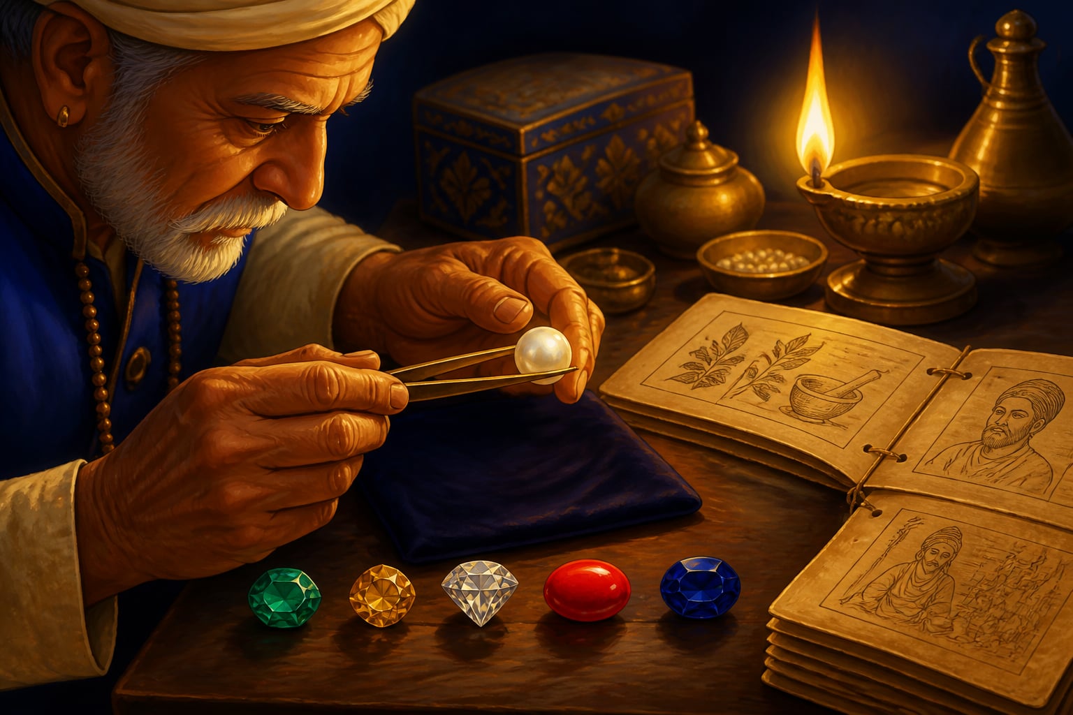 A jeweler tests a pearl by lamplight