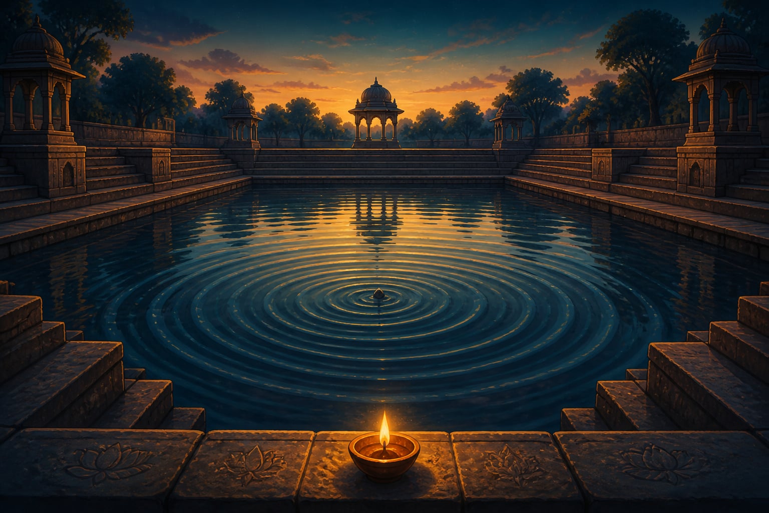 Ripples spreading across a still temple tank