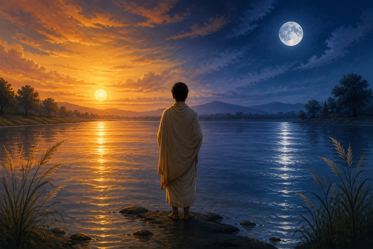 Sun and moon witnessed in the river at dusk