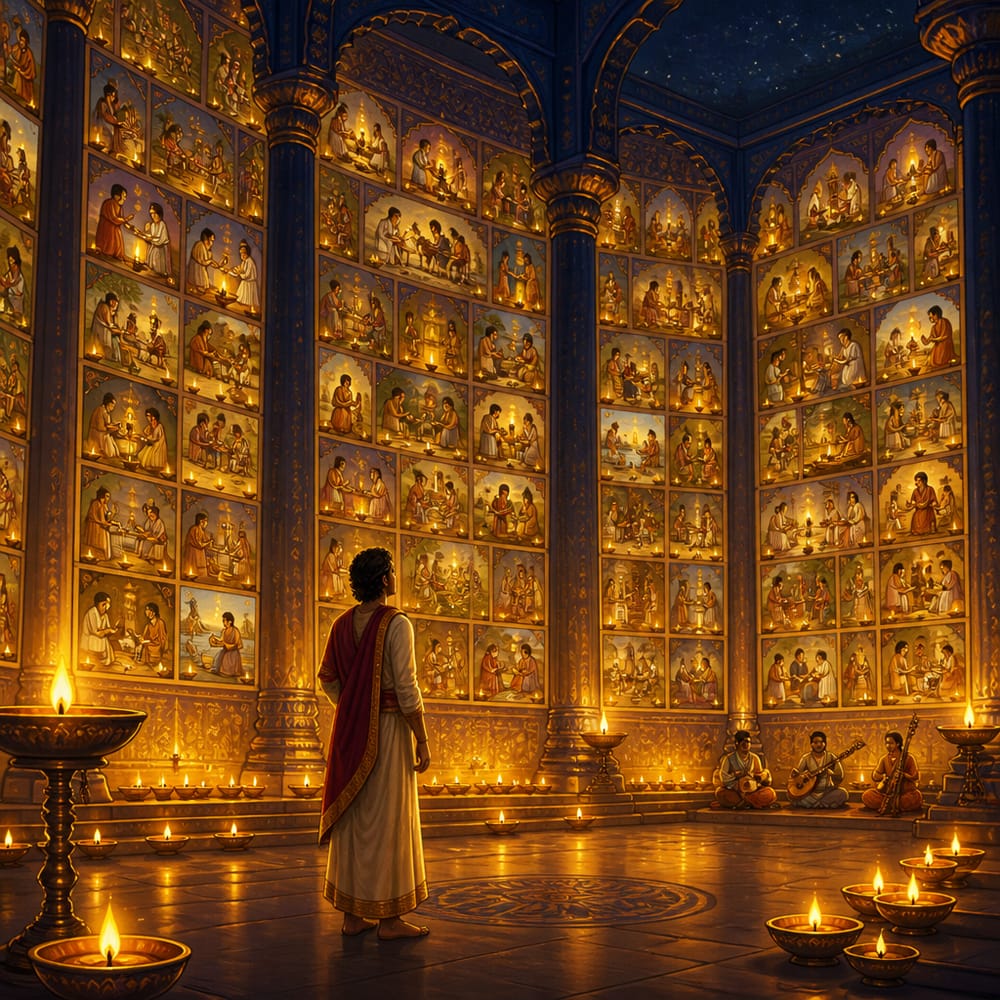 The lamp-lit palace whose walls hold every deed