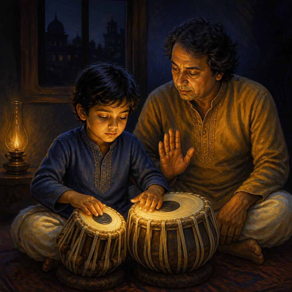 The boy at his tablas in the three a.m. riyaz