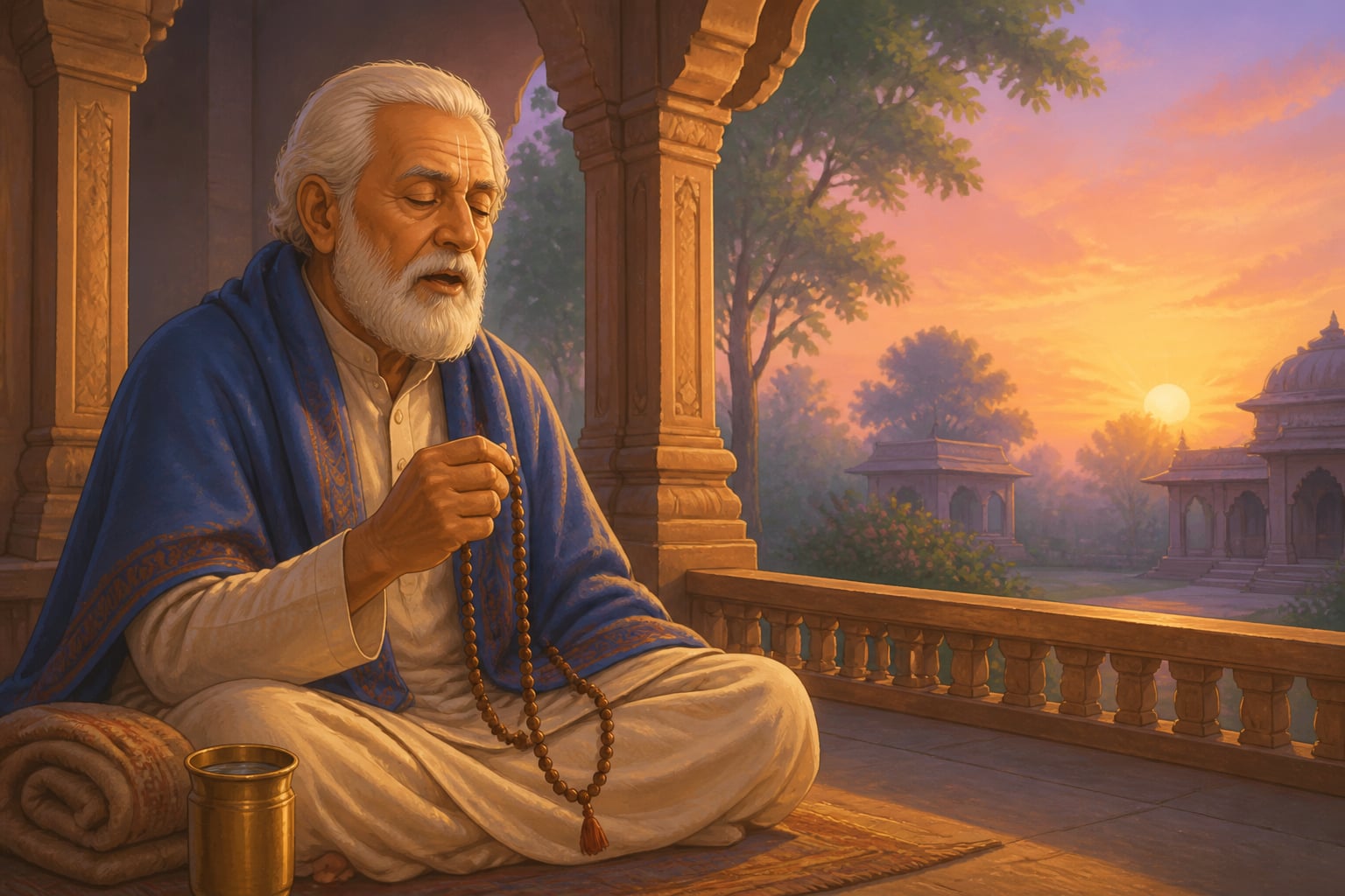 Morning smarana with a mala at first light
