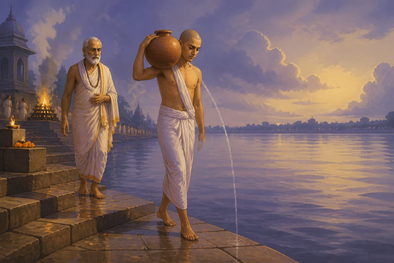 The shaved-headed mourner carries the leaking pot