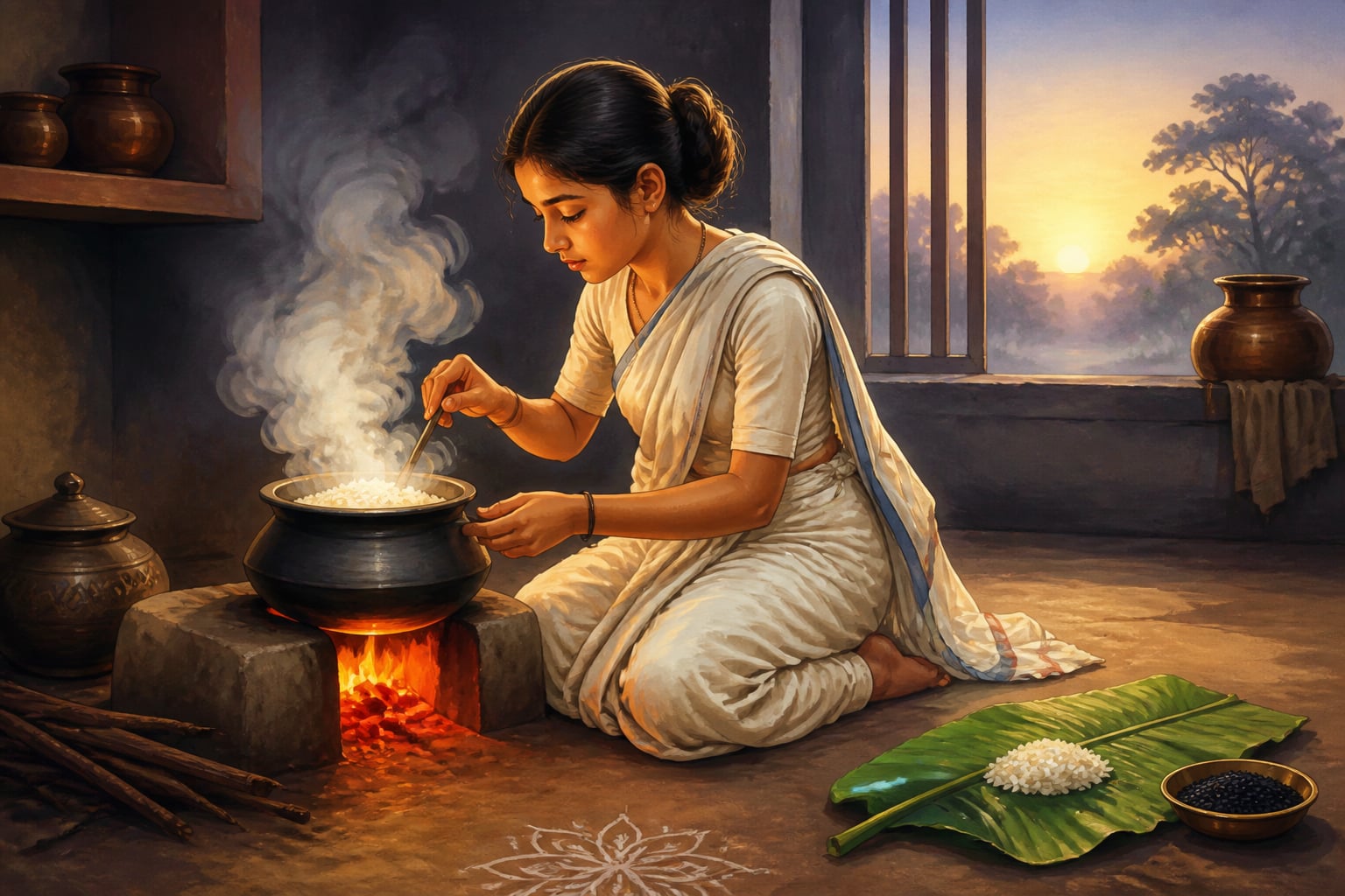 Rice cooked at dawn for the day's offering