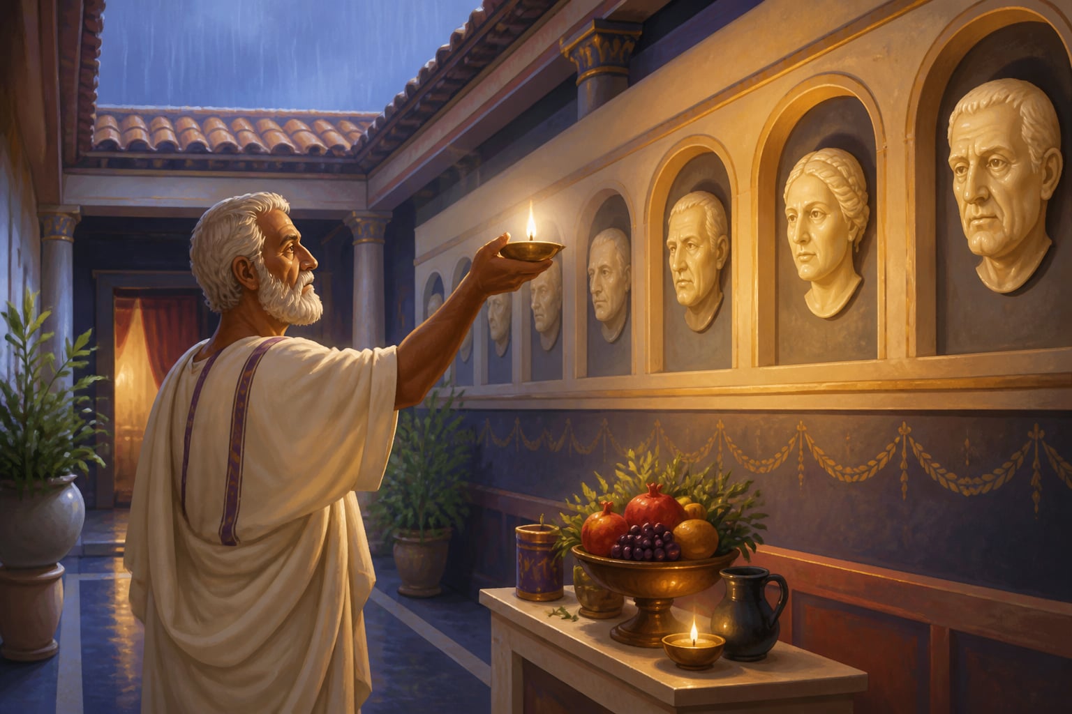 Wax faces of the ancestors in a Roman atrium