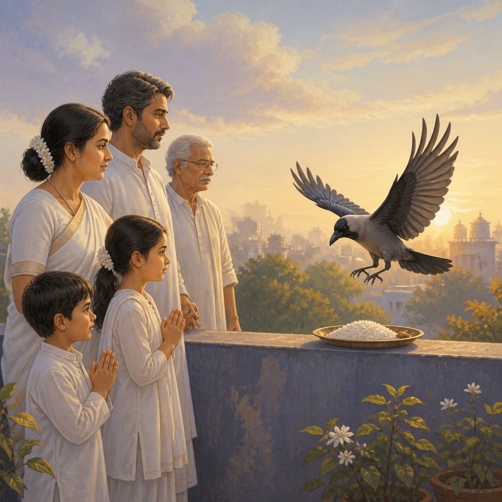 The family waits for the crow on the terrace