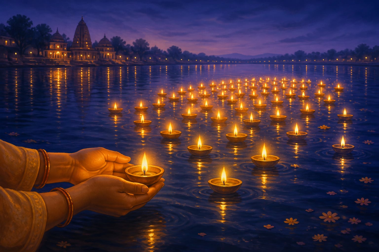 No traveler goes unaccompanied: lamps gather midstream