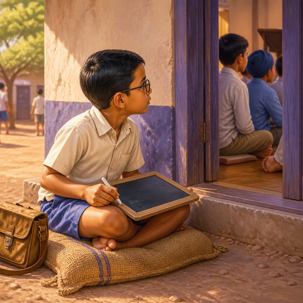 The boy on the gunny sack, learning anyway