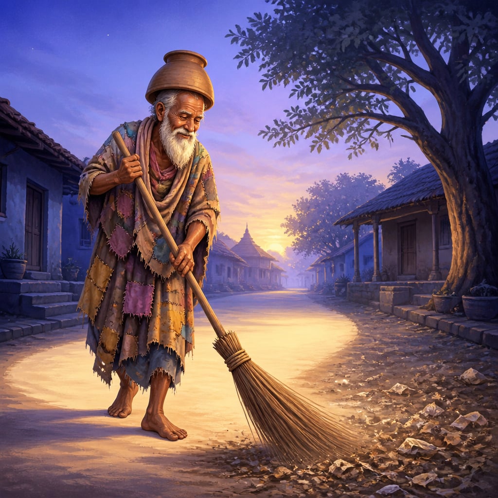 Gadge Baba sweeps the lane before the village wakes
