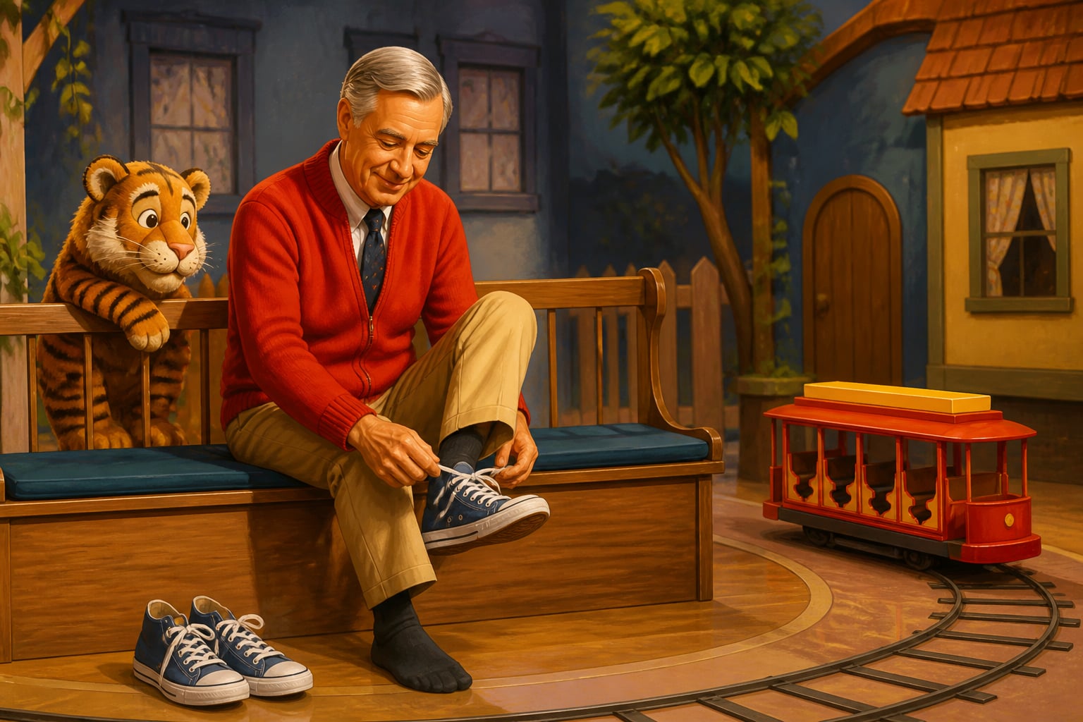Mister Rogers builds the column that crosses