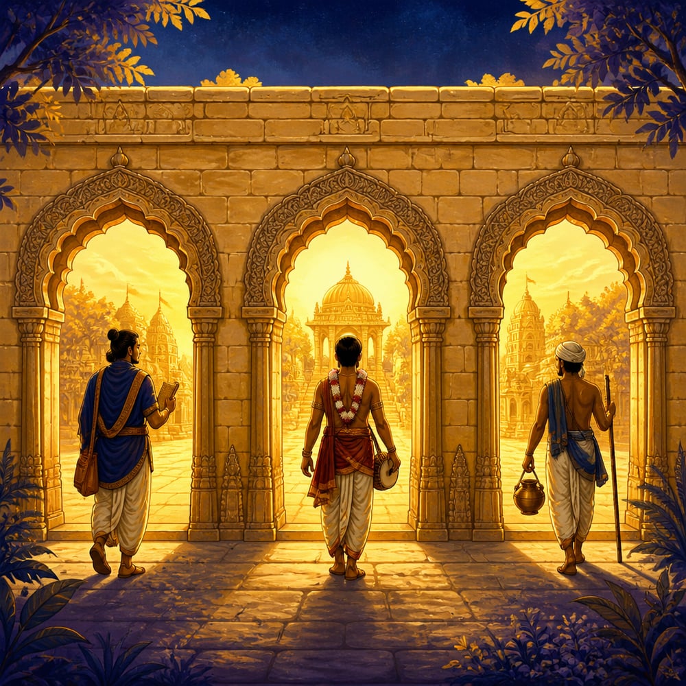 Three gates in the same wall, one courtyard beyond