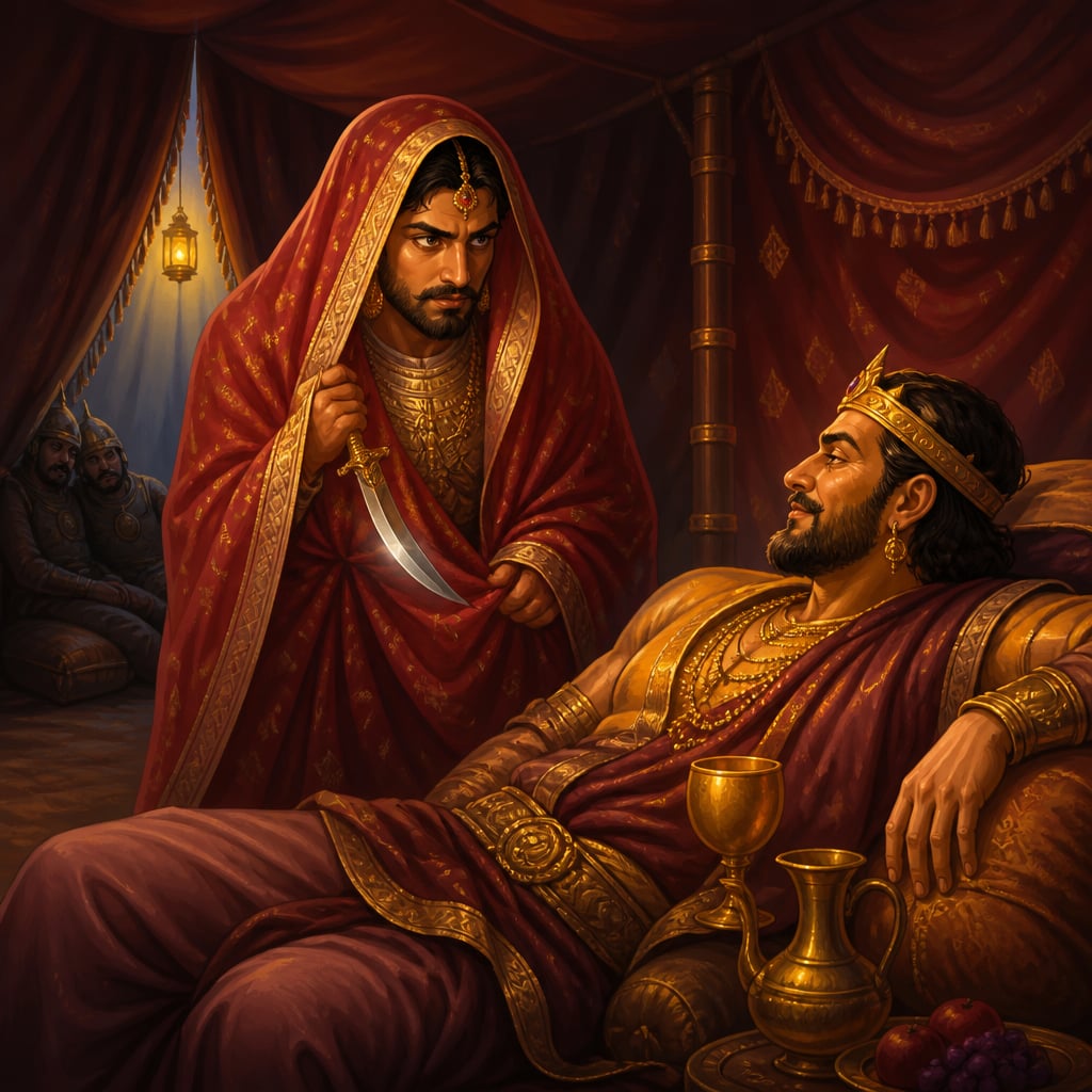 Chandragupta II disguised as Queen Dhruvadevi entering the Shaka king's tent at night