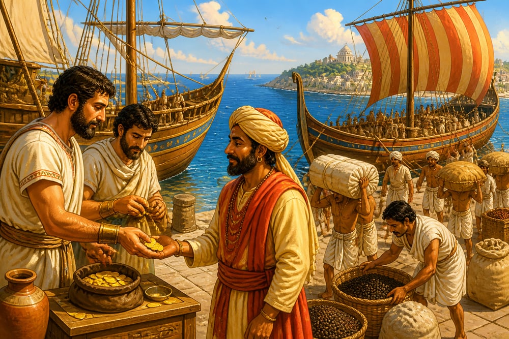 Roman traders paying gold for Indian goods at Bharuch port