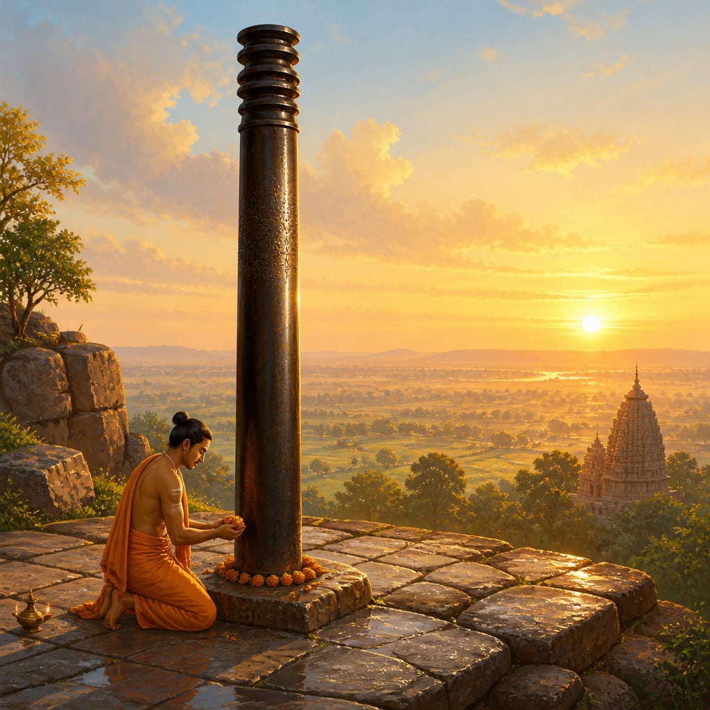 The Iron Pillar of Chandragupta II newly erected at Udayagiri at dawn