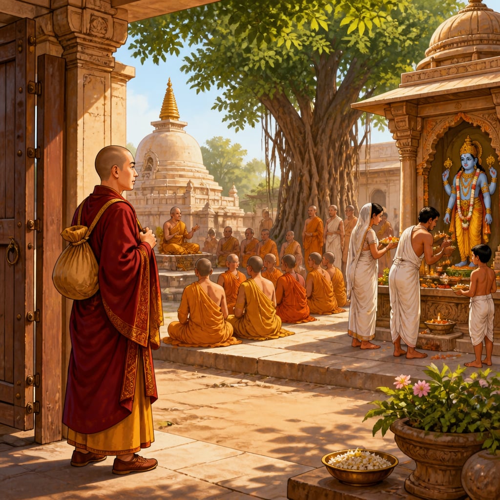 The Chinese pilgrim Fa-Hien observing a thriving Buddhist monastery in Gupta India