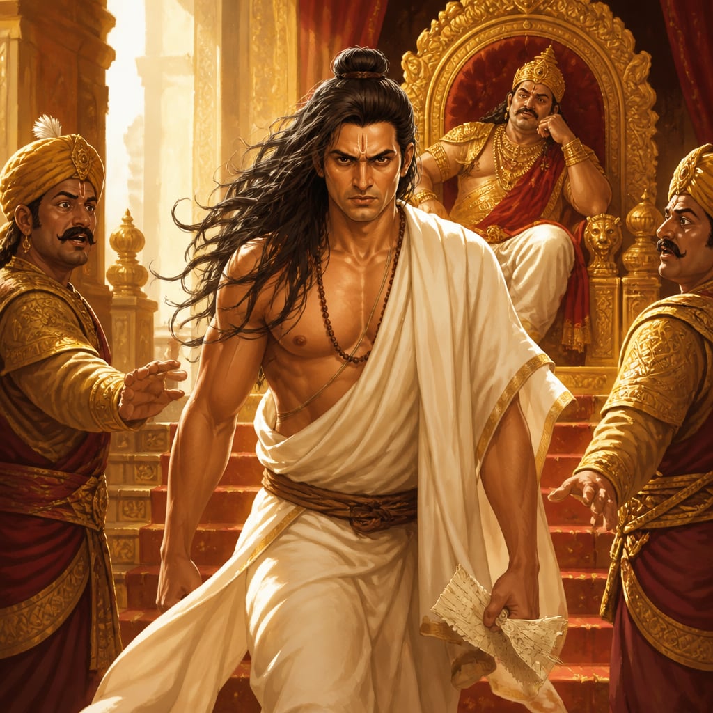 Chanakya leaves Dhanananda's court with shikha untied, taking his vow