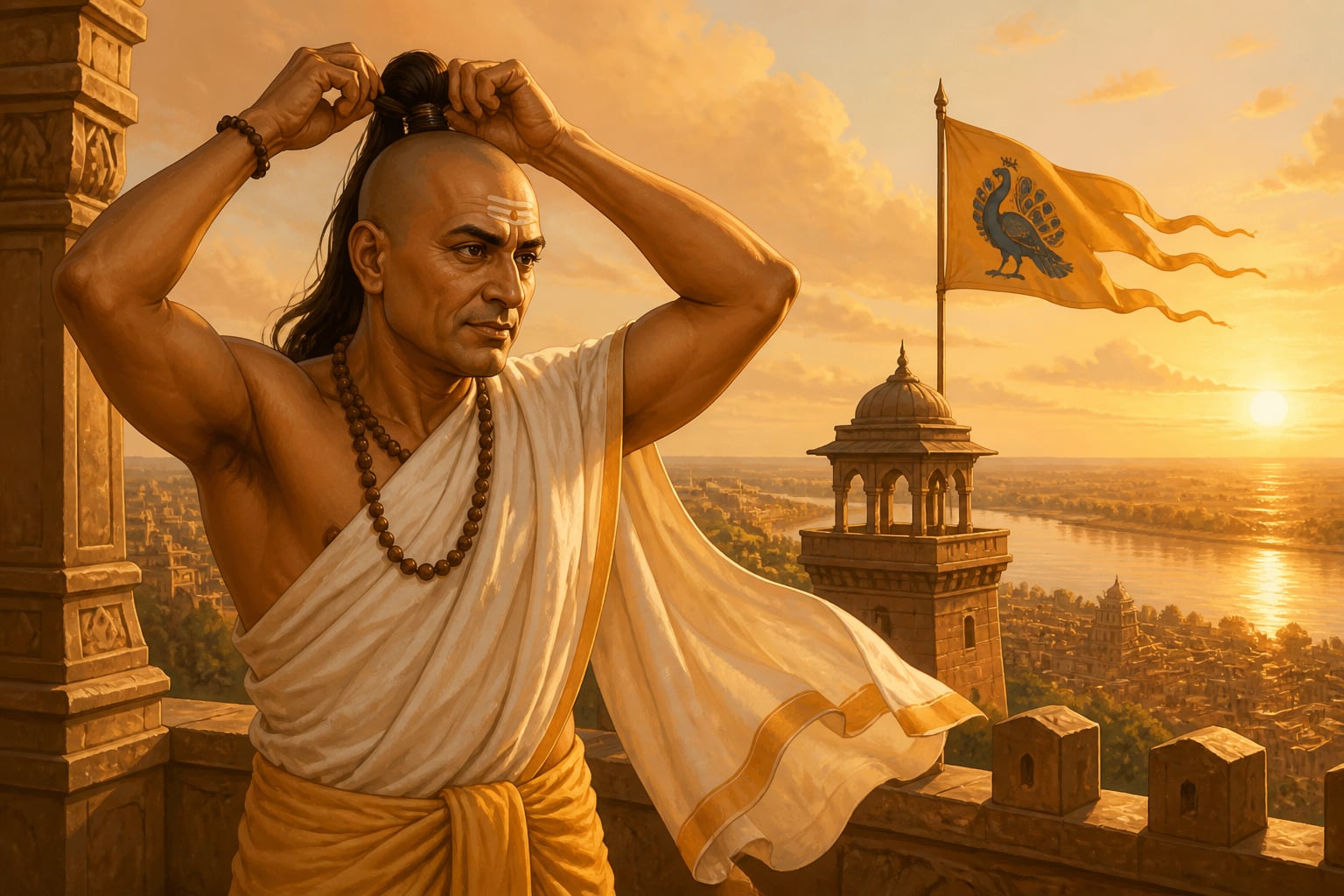 Chanakya ties his shikha after the victory at Pataliputra