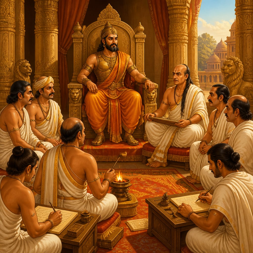 Emperor Chandragupta presides over the Mantriparishad with Chanakya as Mahamantri