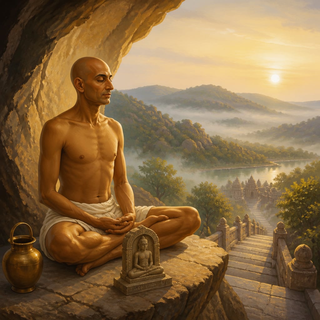 Chandragupta Muni as a Jain ascetic on Chandragiri hill at dawn