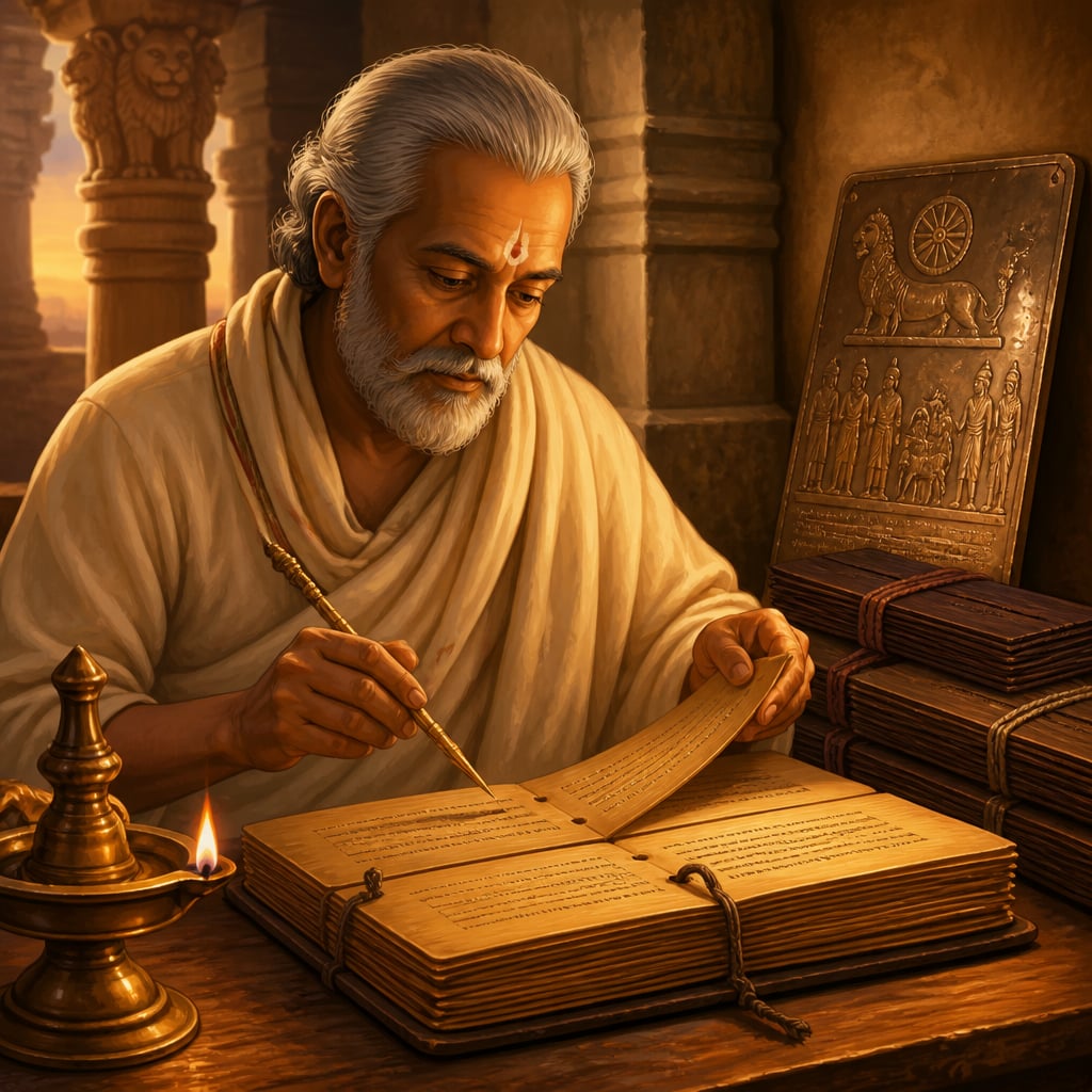 An ancient palm-leaf Arthashastra manuscript studied by lamplight