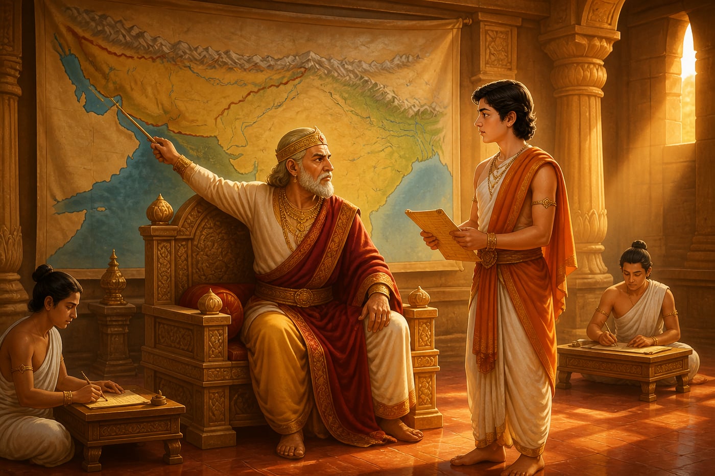 Bindusara instructs young Ashoka before the Mauryan empire map