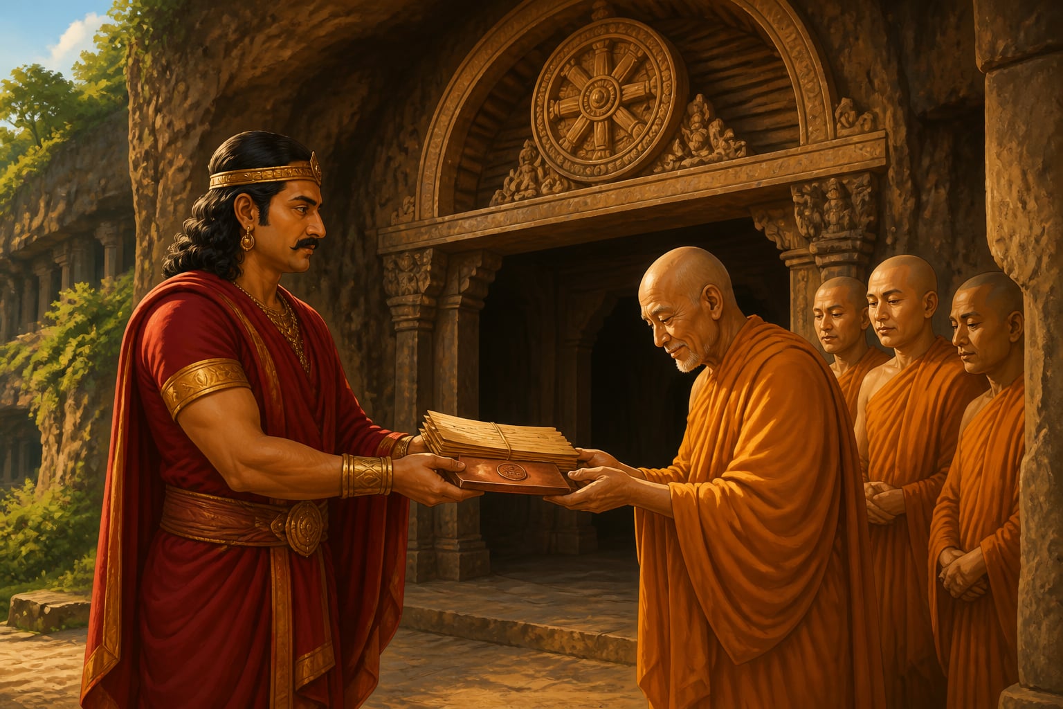 Gautamiputra grants a land deed to the bhikkhus at a rock-cut Buddhist vihara