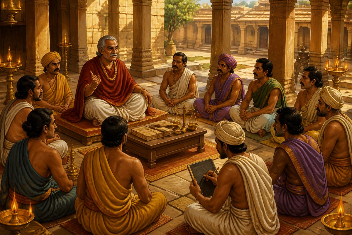 A Satavahana shreni guild council deliberates in Pratishthana
