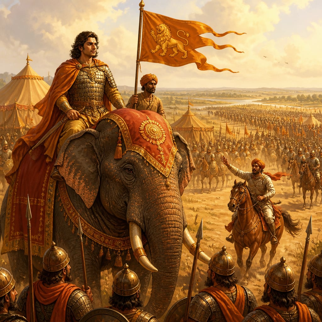 Emperor Harsha leads his northern campaign from a mobile war camp on the Gangetic plain