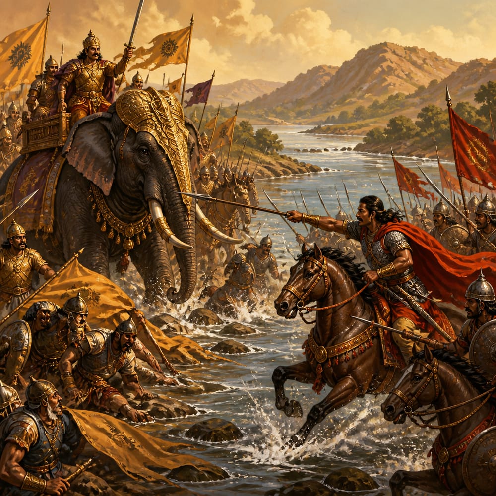 Harsha's army marching south toward the Narmada River