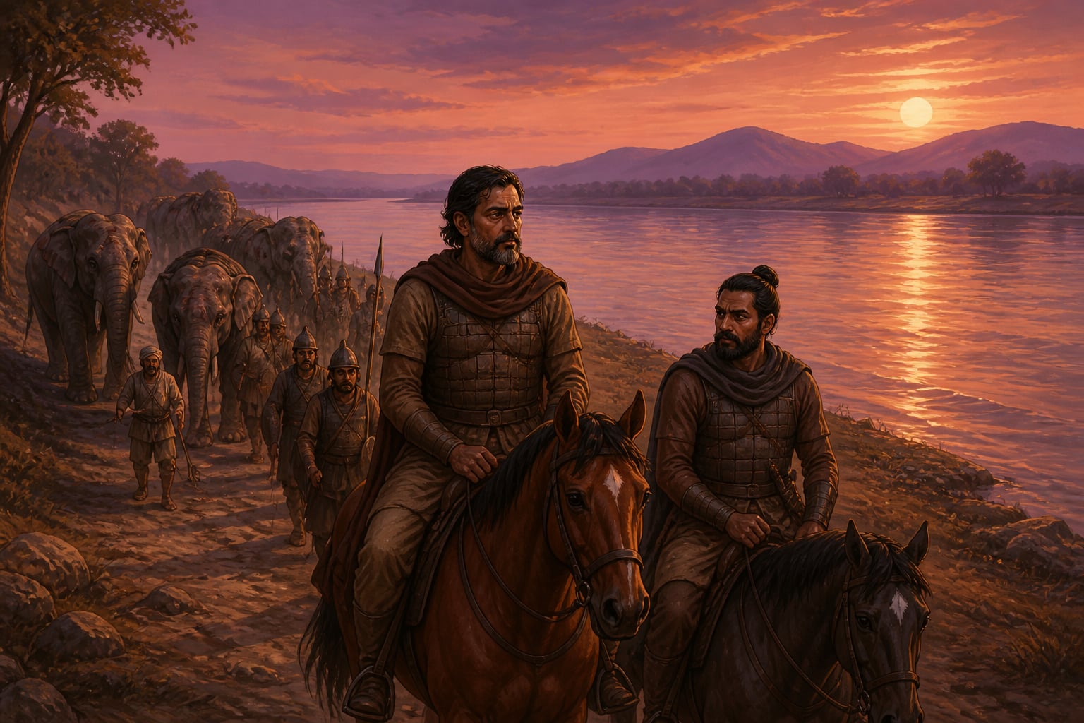 Harsha riding north after his withdrawal from the Narmada